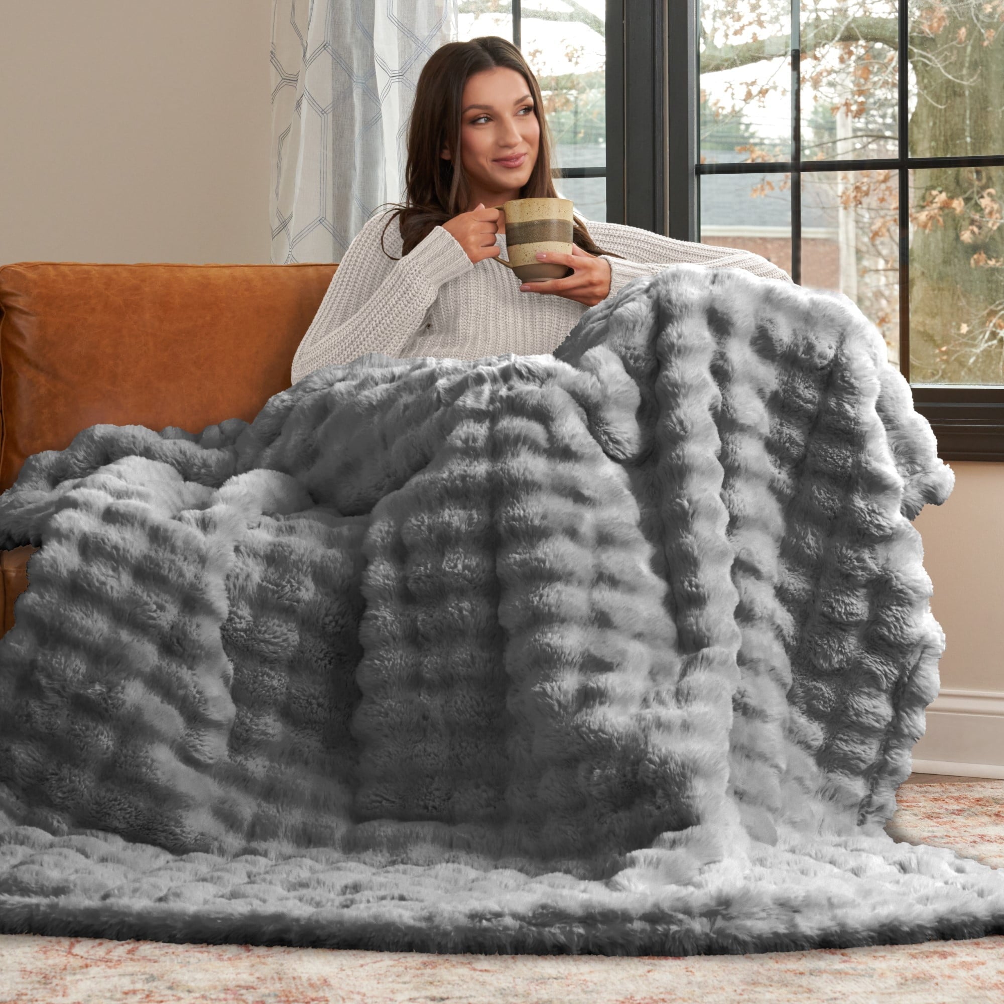 Decorative Knitted Serenade Gray Textured Faux Fur Throw Blanket, 50 x 70 - Super Soft Reversible Sherpa Flannel Blanket Detail