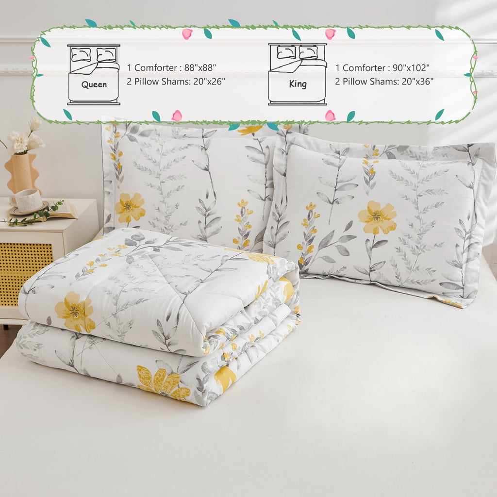 Heavyweight Warmth 3 Piece Comforter Set Queen Yellow Floral Quilt Microfiber Patchwork Bedspread - All-Season Down Alternative Comforter Insert Detail