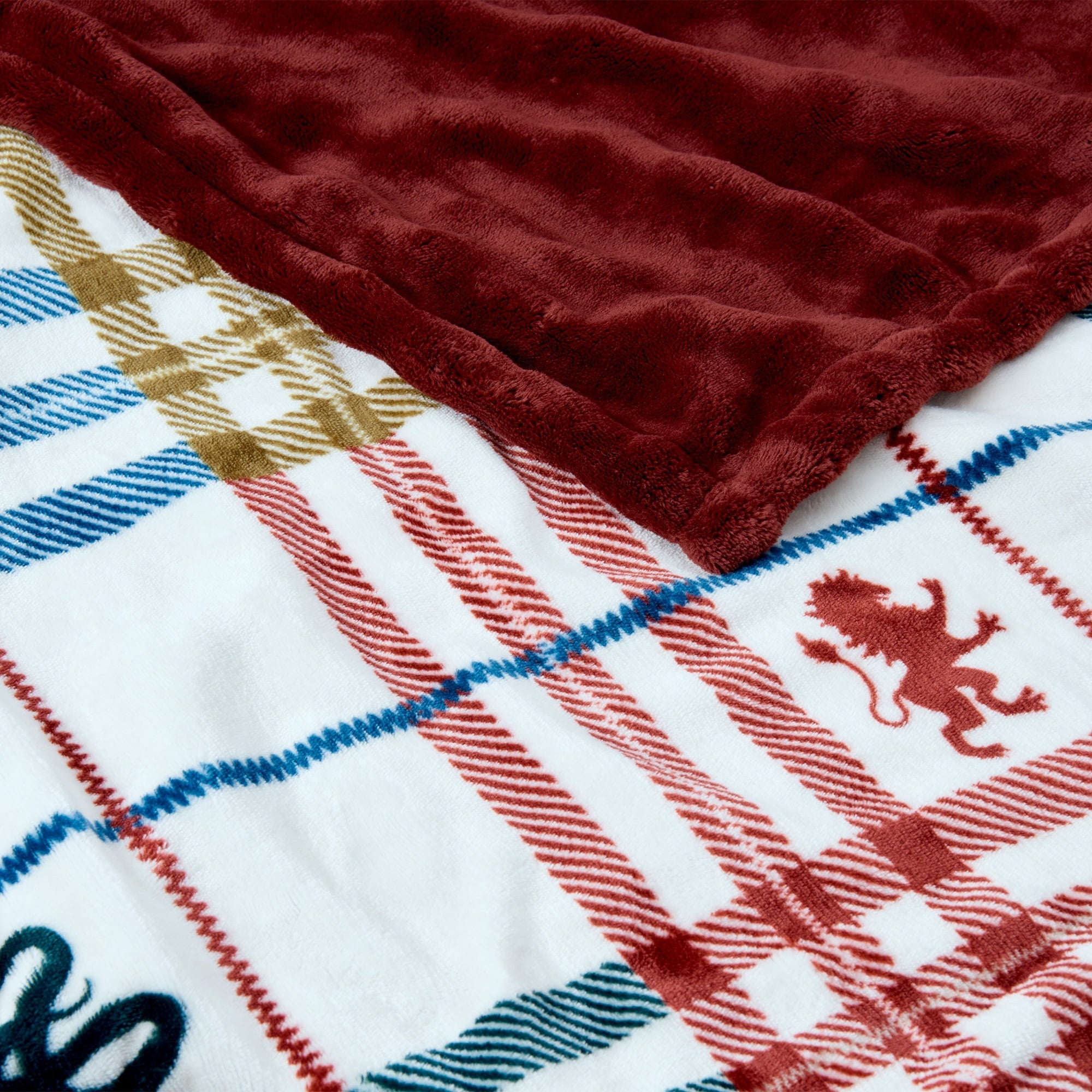 Lightweight Warm Academic Plaid Tartan Crest with Faux Leather Patch and Milky Mink Reverse Throw, 60x70 inches - Luxury Knitted Decorative Throw Blanket with Fringes Detail