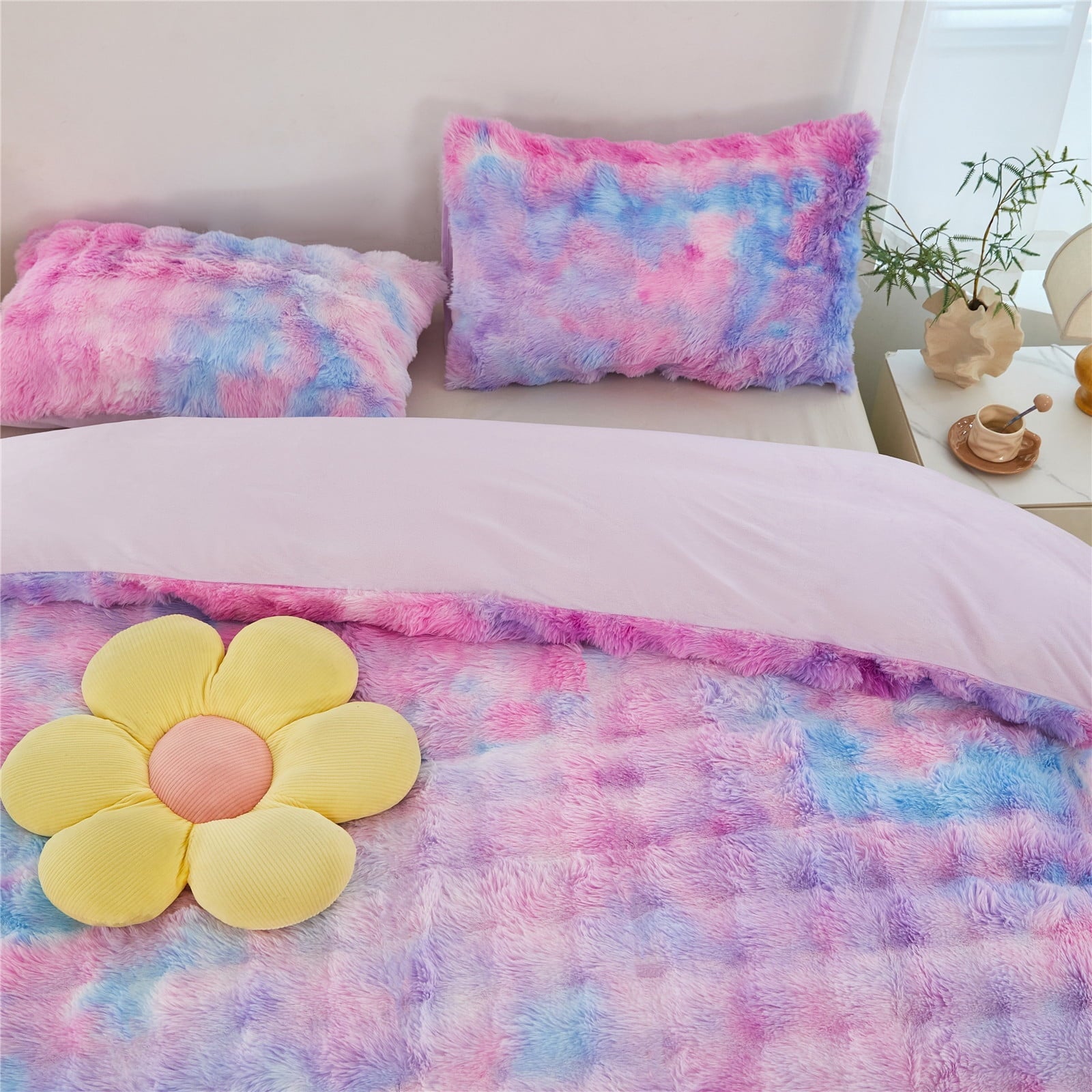 Luxurious Quilted Faux Rabbit Fur Comforter Set Twin 3Pcs Girls Blue Purple Bedding Set Tie-Dyeing Soft Bed Comforter Set Warm Fuzzy Ki... - Hypoallergenic Ultra-Fluffy Quilt for Winter Detail