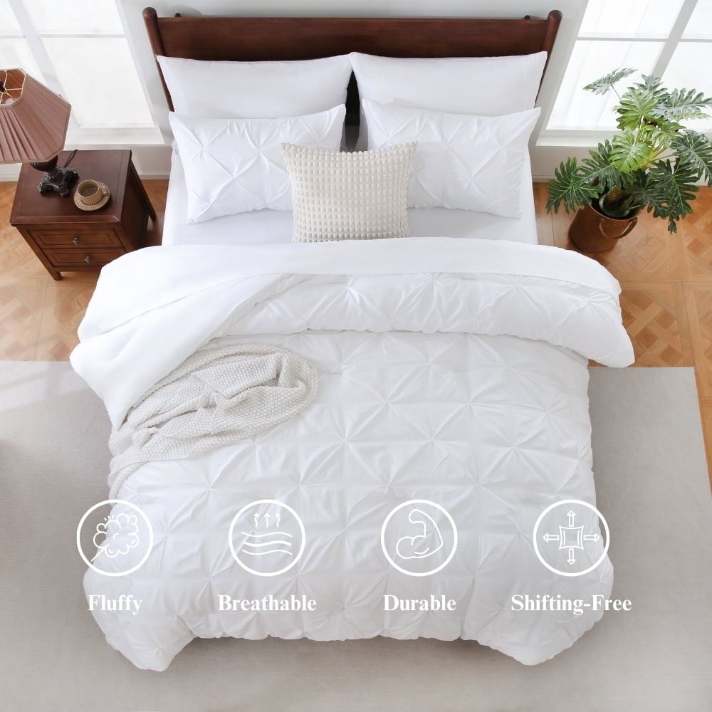 Hypoallergenic Cloud 7 Pieces Pinch-Pleated Comforter Set, White Queen Size - Luxurious Quilted Duvet Cover Set Detail