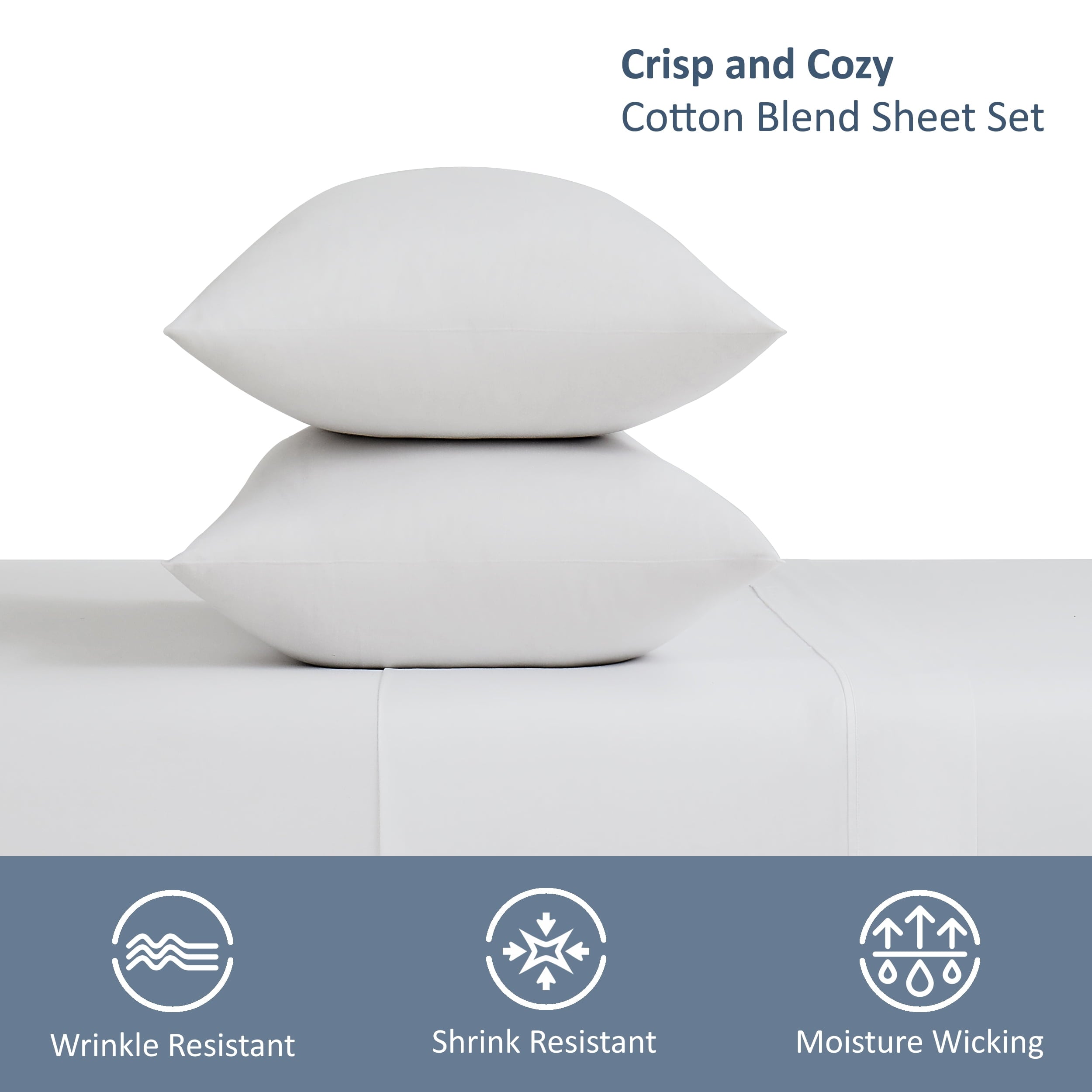 Cooling Sateen 4-Piece 300 Thread Count White Cotton Blend Percale Bed Sheet Set, Queen - Luxury Bed Sheet Set with Deep Pockets Detail