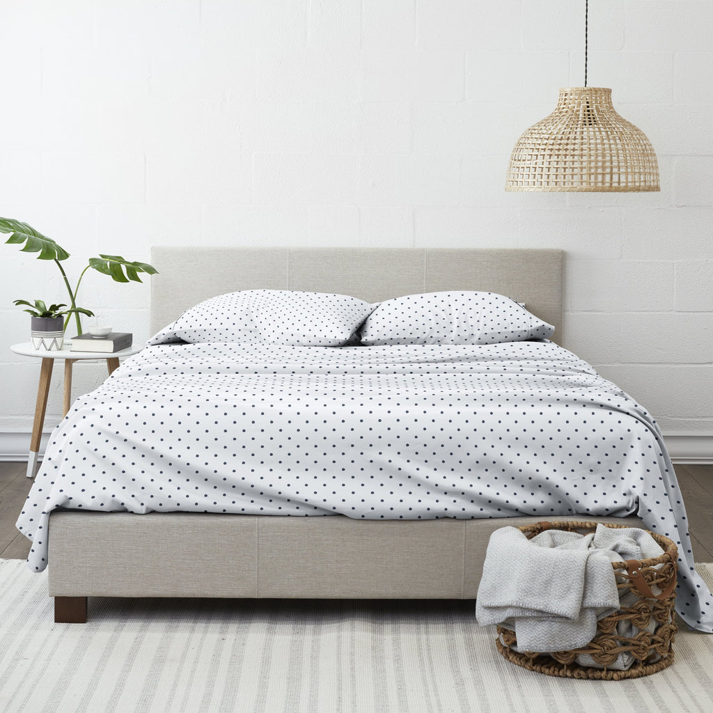 Breathable Luxury 4 Piece Pattern Microfiber Bed Sheets Set, Navy Dots, California King - Cooling Hotel Quality Bedding Sheets and Pillowcases Detail
