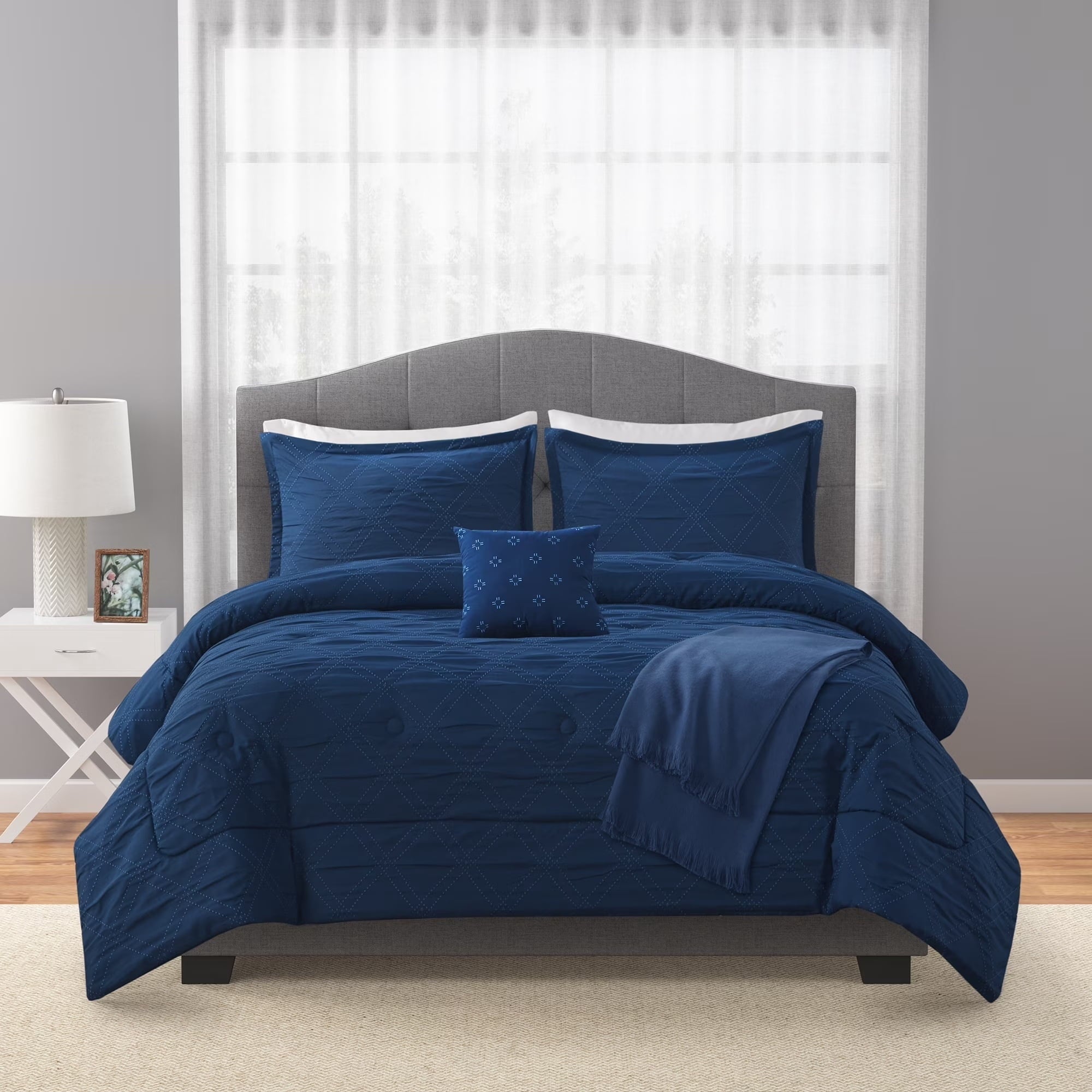 Luxurious Quilted 5-Piece Reversible Comforter Set Navy Cross Stitch Bedding with Decor Pillow and Throw, Full/Queen - Cloud-Like Soft Lightweight Bed Comforter Detail