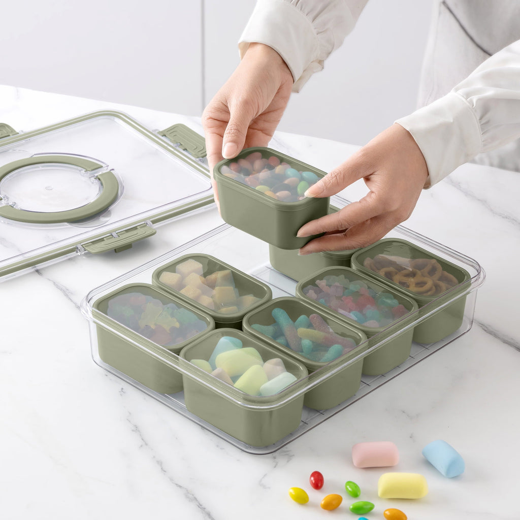 Deliciously Squishy 8-Compartment Snackle Box, Charcuterie and Snack Container, Divided Serving Tray with Lids and Handle, Dishwasher Saf... - Playful Star & Heart Shaped Geometric NeeDoh Detail