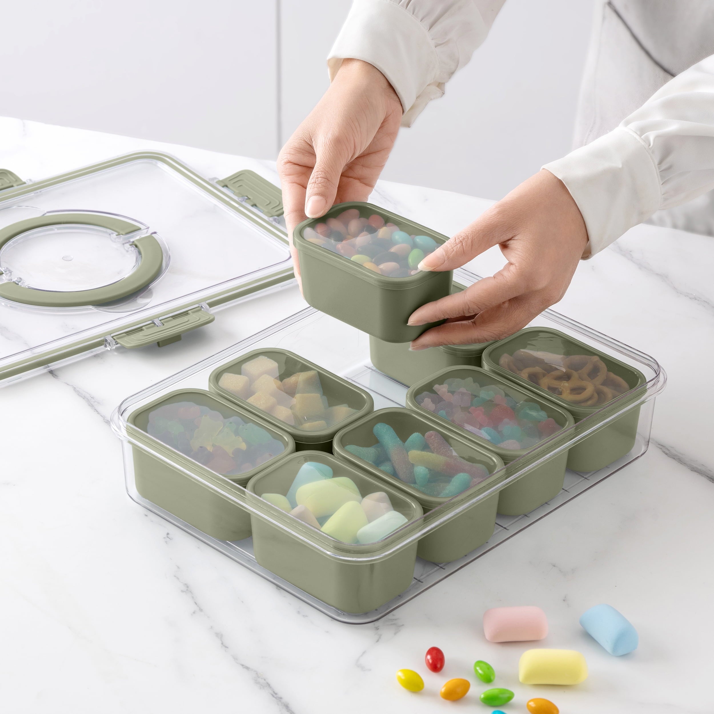 Deliciously Squishy 8-Compartment Snackle Box, Charcuterie and Snack Container, Divided Serving Tray with Lids and Handle, Dishwasher Saf... - Playful Star & Heart Shaped Geometric NeeDoh Detail
