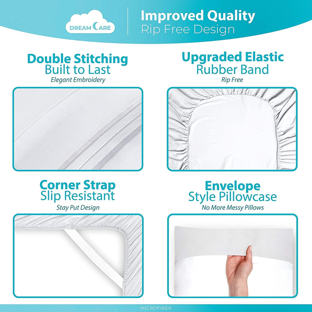 Wrinkle-Resistant Bed Sheets Set - Queen Size Sheet with Side Pocket - 4pcs Set, 15 inches, White - Premium Ultra-Soft Pillowcase Pair for Sleeping Detail