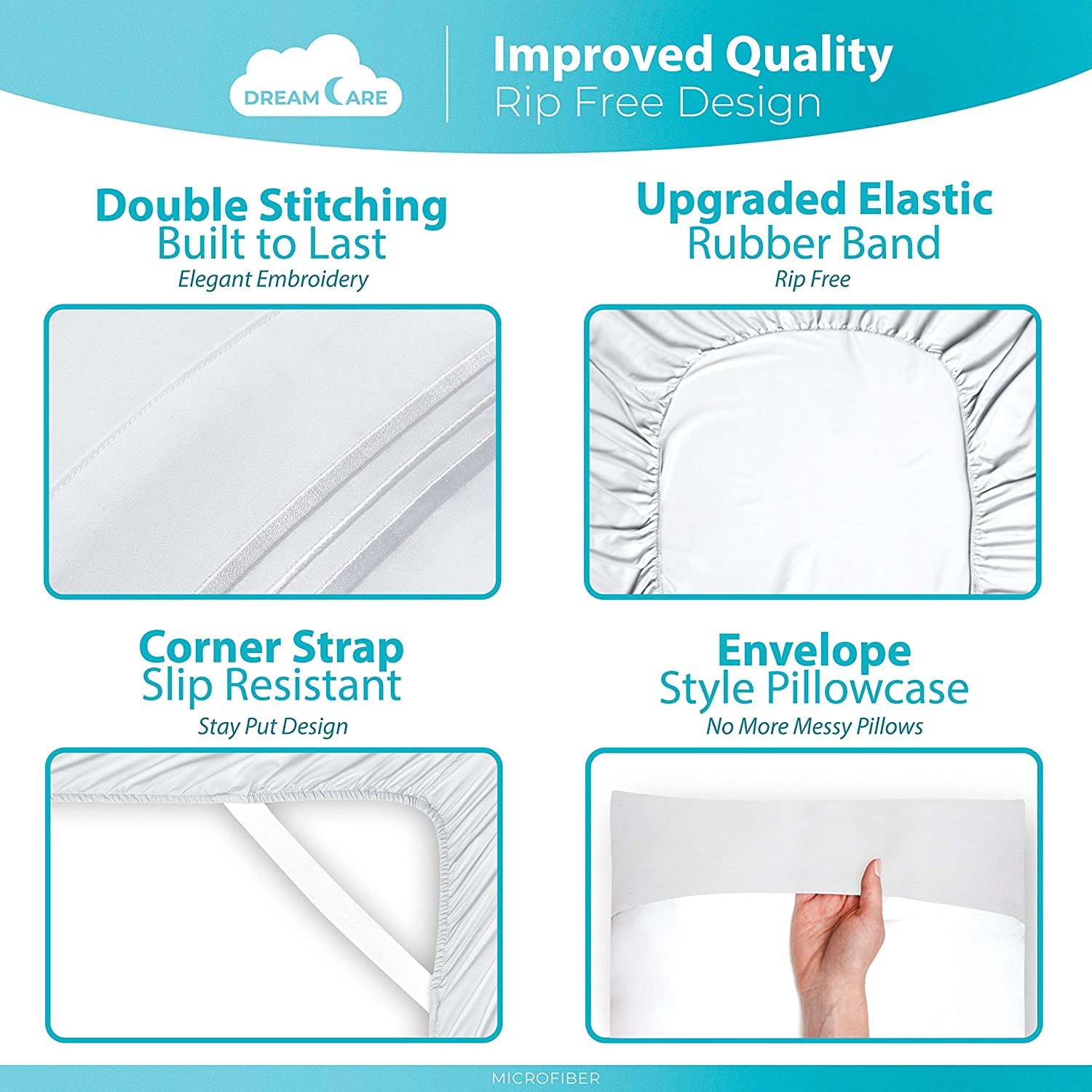 Wrinkle-Resistant Bed Sheets Set - Queen Size Sheet with Side Pocket - 4pcs Set, 15 inches, White - Premium Ultra-Soft Pillowcase Pair for Sleeping Detail