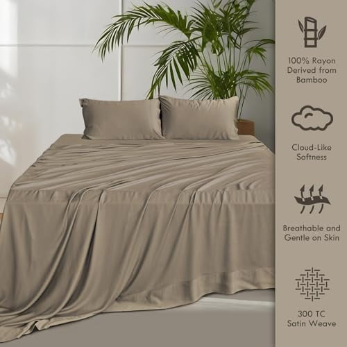 Premium Egyptian Cotton Home 4-Piece Queen Bamboo Bed Sheet Set, 100% Organic Cooling Fabric, 16" Deep Pocket, Taupe - Cooling Hotel Quality Bedding Sheets and Pillowcases Detail