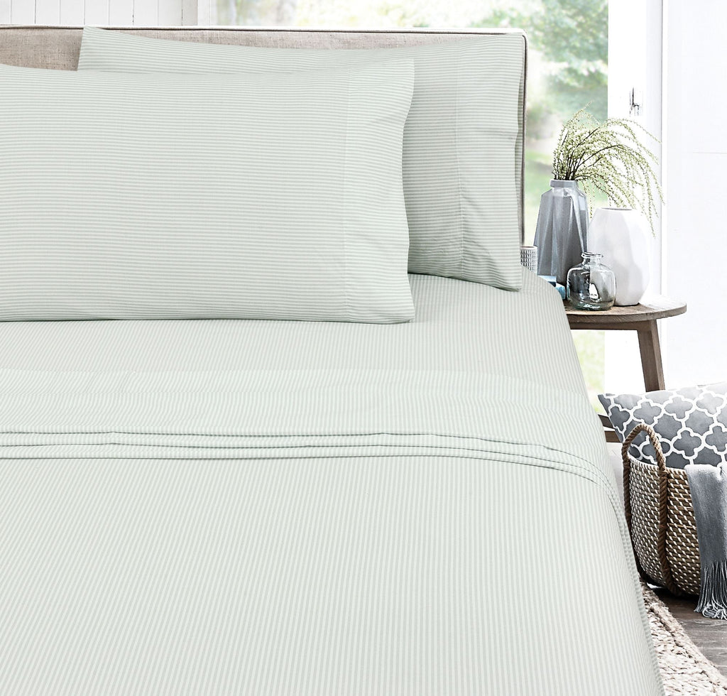 Wrinkle-Resistant Easy Care 300 Thread Count Cotton Rich Percale Sheet Set, King, Grey Stripes - Cooling Hotel Quality Bedding Sheets and Pillowcases Detail