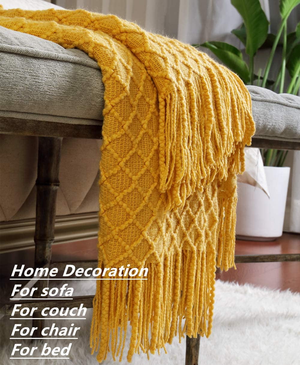 Decorative Knitted Decorative Soft Spring Summer Fall Throw Blanket ,for Couch Sofa Chair Bed,50''X60'',Mustard Yellow - Super Soft Reversible Sherpa Flannel Blanket Detail