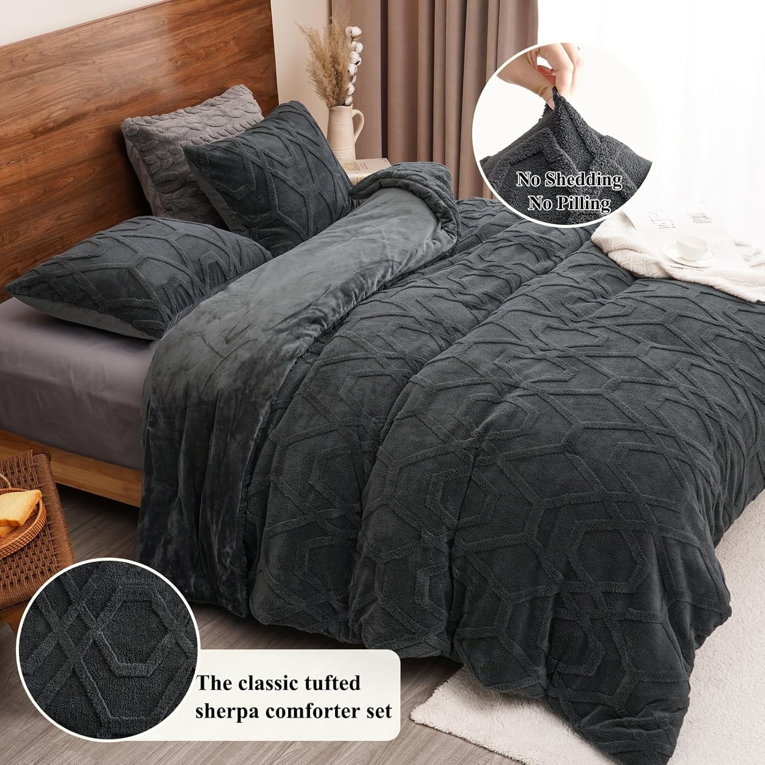 All-Season Warm Sherpa Fleece Queen Comforter Set, 3D Tufted Fluffy Dark Grey Bedding for Winter, Soft 3 Pieces Shaggy Bed Set, ... - Luxurious Quilted Duvet Cover Set Detail