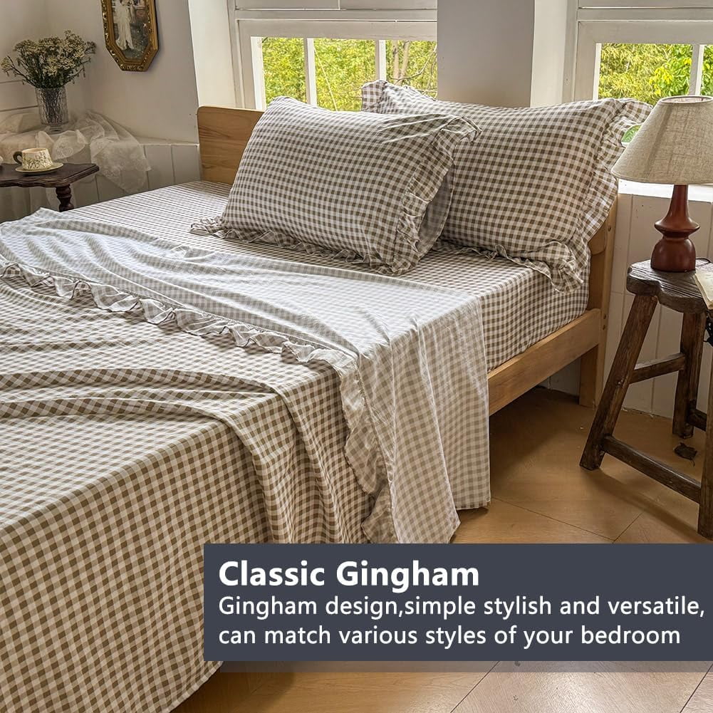 Ultra-Soft Tan Gingham Ruffle Queen Sheet Set, Taupe Soft Pre-Washed Microfiber Plaid Ruffled Queen Bed Sheets, 4-Pieces Farmhou... - Premium Ultra-Soft Pillowcase Pair for Sleeping Detail
