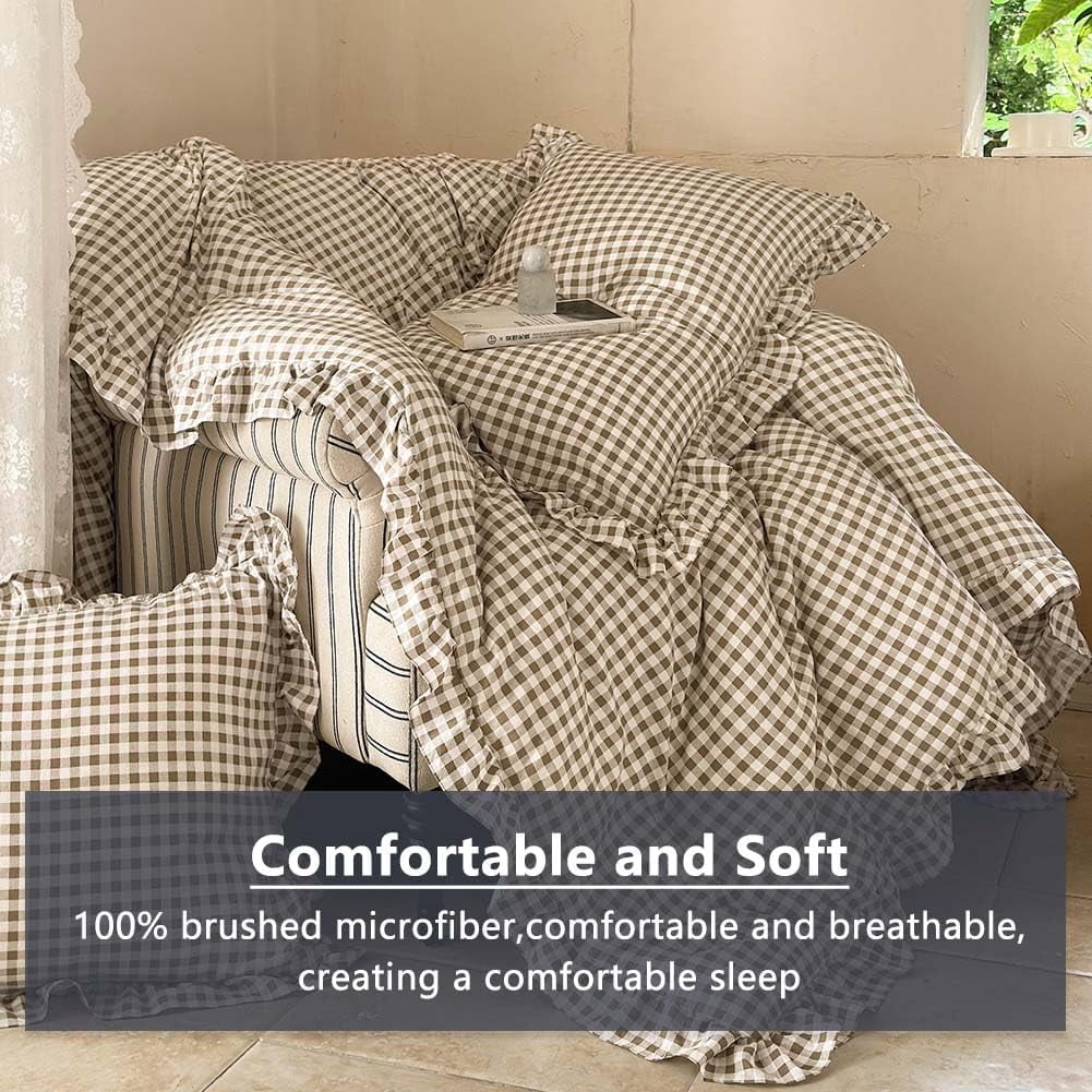 Luxurious Quilted Tan Gingham Ruffle Queen Comforter Set, Taupe Ruffled Plaid Bedding Set, Ruffled Checked Bed Comforter 3 Pieces(Tan G... - Hypoallergenic Ultra-Fluffy Quilt for Winter Detail