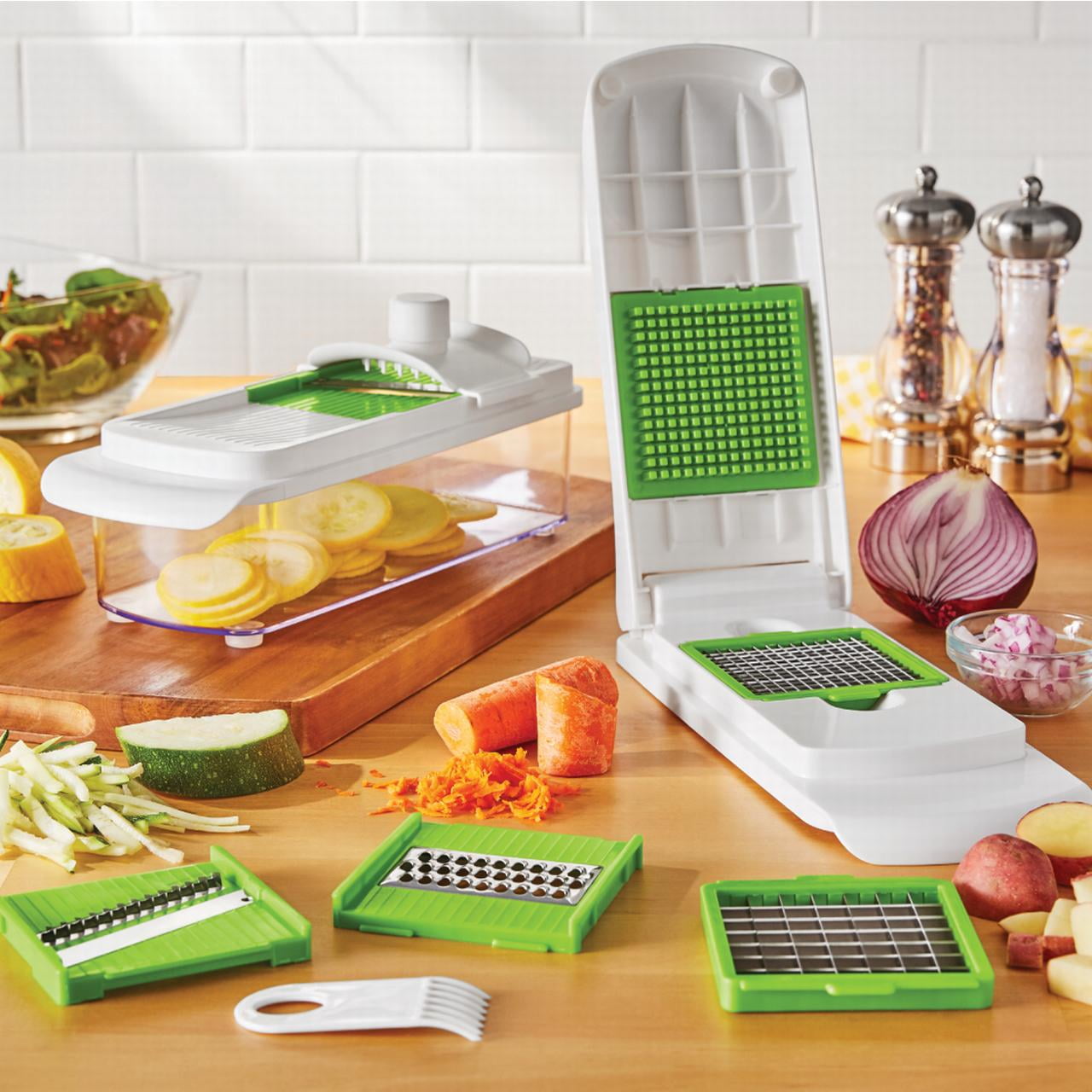 Multi-Functional 11 Pieces Multi-Function Nice Dicer and Mandoline, Stainless Steel, Green Glaze, 820g - Kitchen Gadget Tool for Quick Food Prep Detail