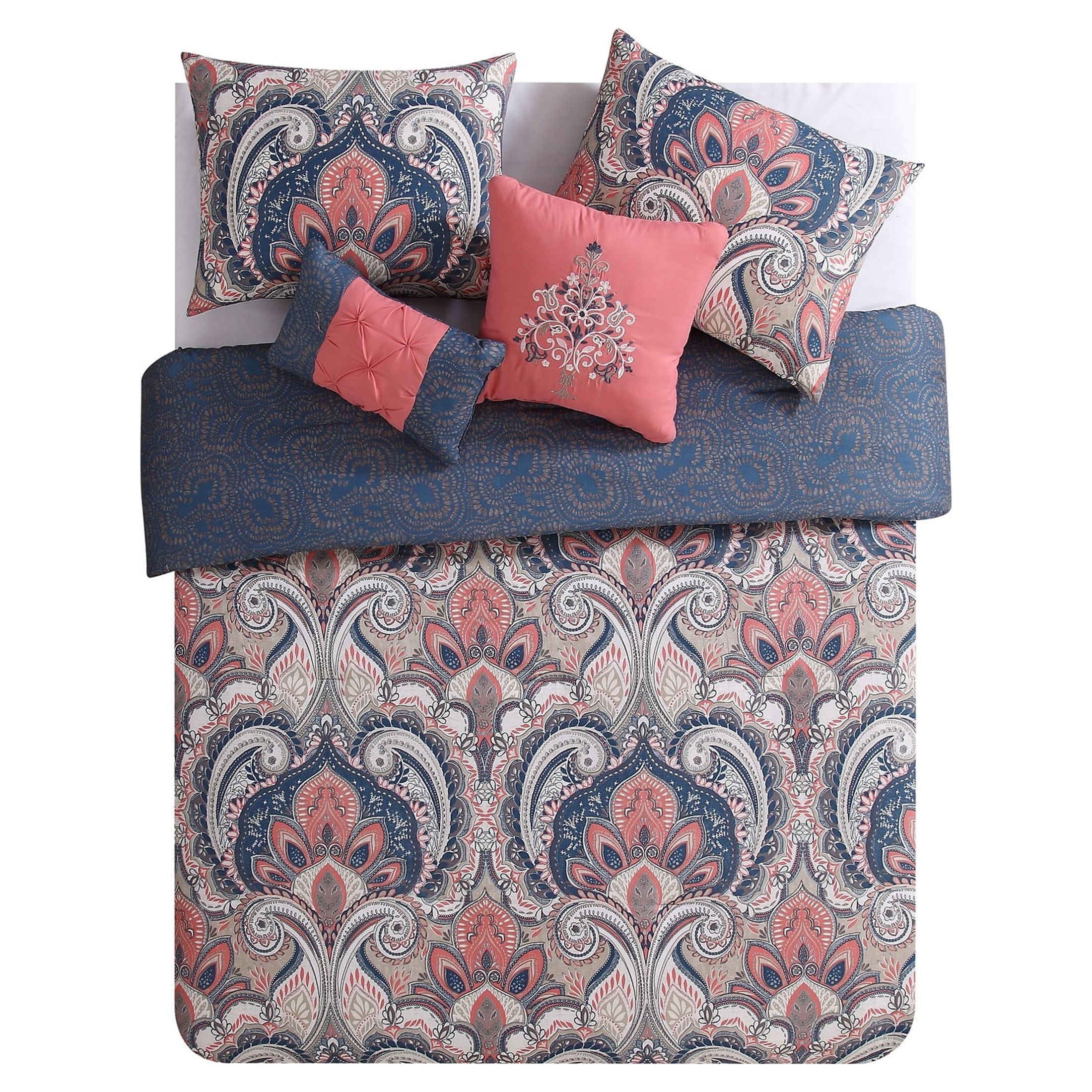 Hypoallergenic Cloud Casa Real 5-Piece Coral Damask Reversible Comforter Set, King, Adult, Unisex - Cloud-Like Soft Lightweight Bed Comforter Detail