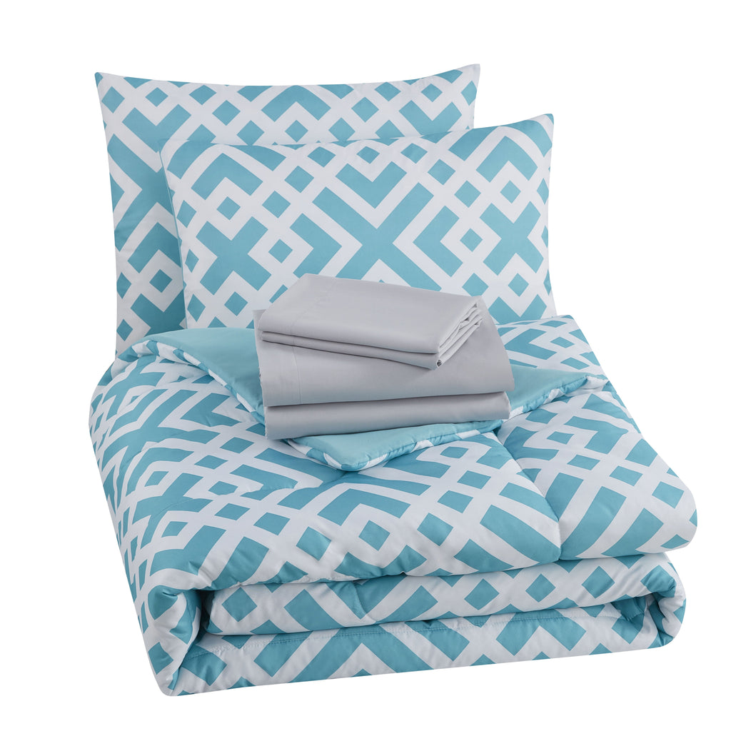 Luxurious Quilted Teal Geometric 6 Piece Bed in a Bag Comforter Set with Sheets, Twin/Twin-XL - Hypoallergenic Ultra-Fluffy Quilt for Winter Detail