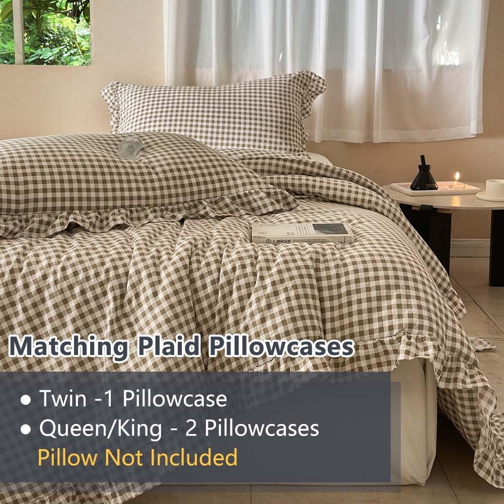 Luxurious Quilted Tan Gingham Ruffle Queen Comforter Set, Taupe Ruffled Plaid Bedding Set, Ruffled Checked Bed Comforter 3 Pieces(Tan G... - Hypoallergenic Ultra-Fluffy Quilt for Winter Detail