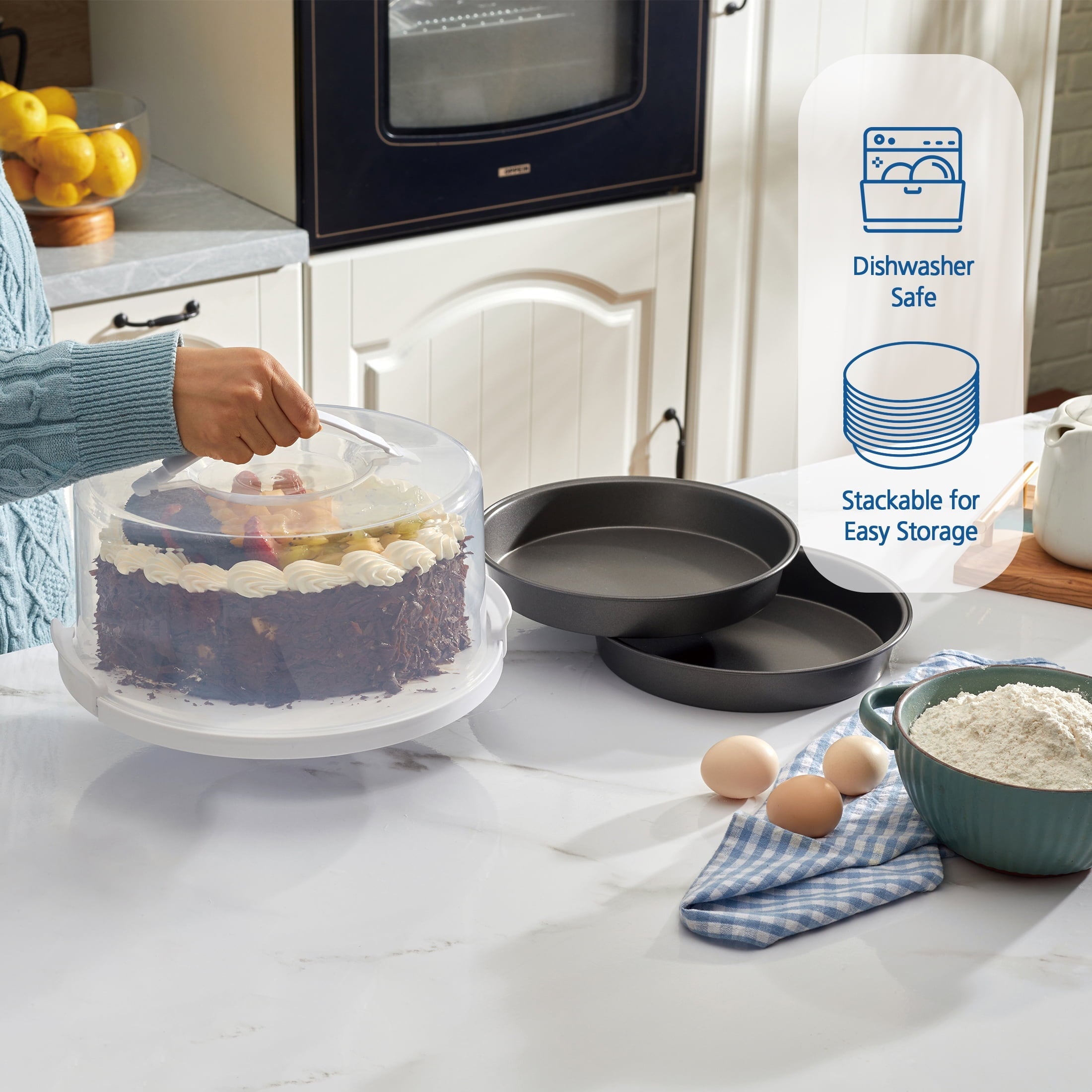 Time-Saving 12 inch Clear Cake Carrier with 2pk 9 inch Gray Round Pans, Carbon Steel - Innovative Kitchen Helper for Modern Cooking Detail