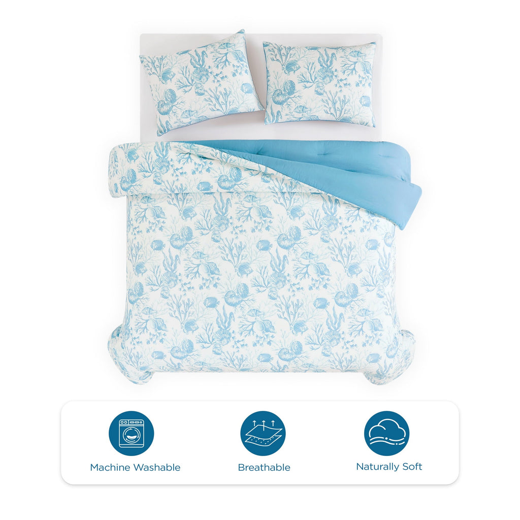 All-Season 3-Piece Lightweight 100% Cotton Blue & White Ocean Print Comforter Set, Full/Queen - All-Season Down Alternative Comforter Insert Detail