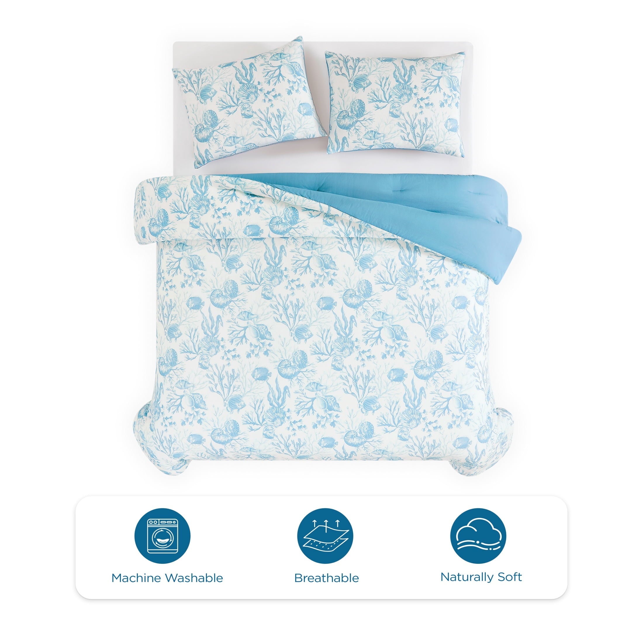 All-Season 3-Piece Lightweight 100% Cotton Blue & White Ocean Print Comforter Set, Full/Queen - All-Season Down Alternative Comforter Insert Detail