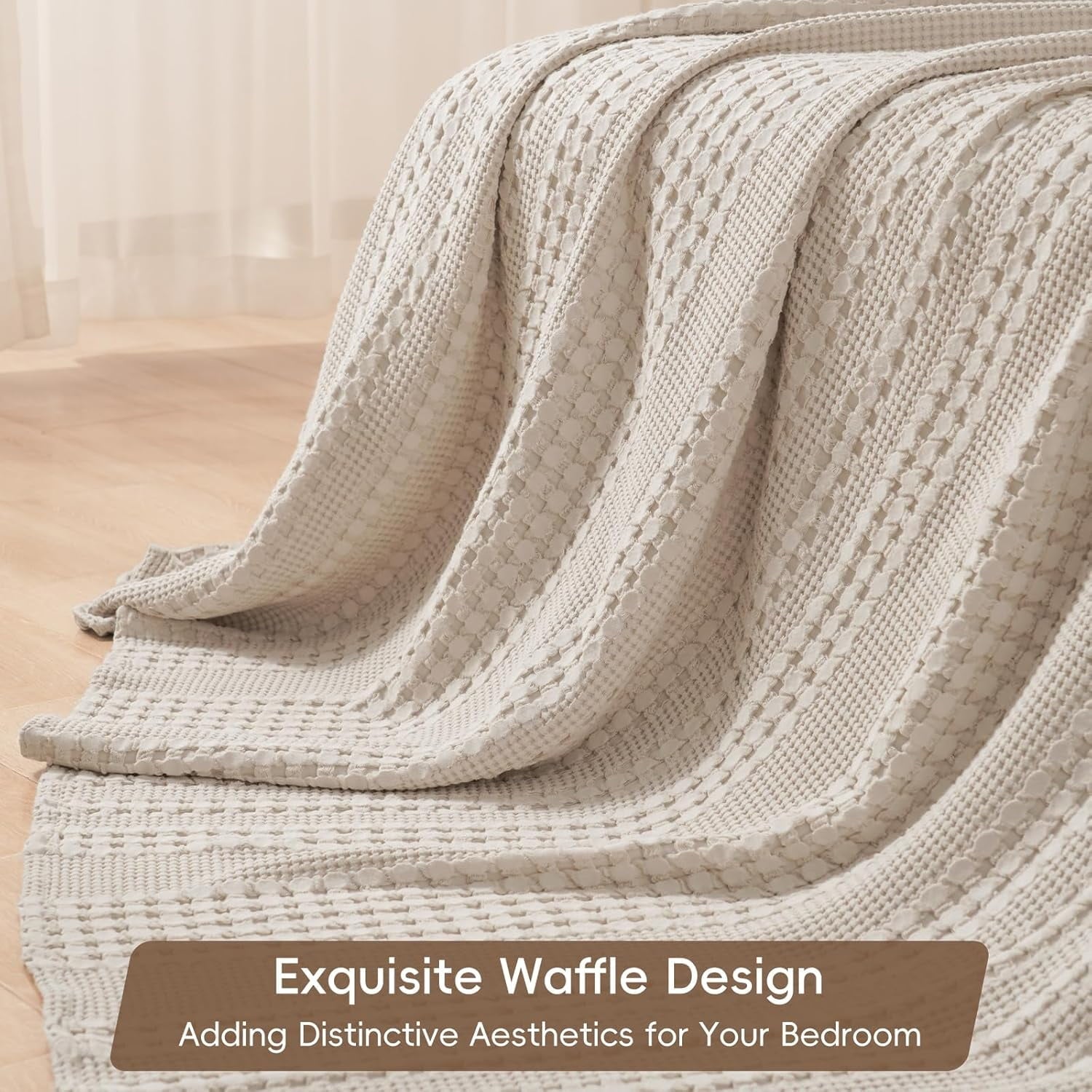 Super Soft Flannel 100% Cotton Waffle Weave Blanket, Lightweight Throw Washed Blanket for Bed Sofa Home Decor, Oatmeal, 50"x60" - Luxury Knitted Decorative Throw Blanket with Fringes Detail