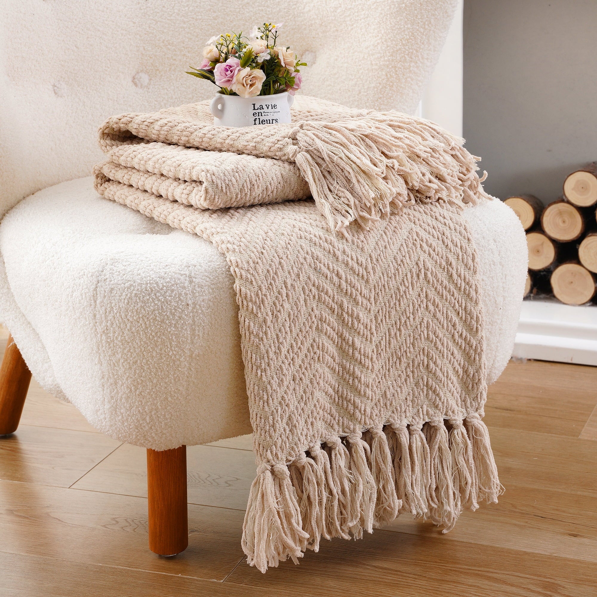 Lightweight Warm Beige Throw Blanket,Textured Knitted Tan Throws with Tassels,Neutral Sofa Bed Throws,50"x60" - Luxury Knitted Decorative Throw Blanket with Fringes Detail