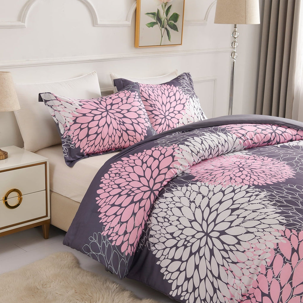 All-Season 2 Pieces Pink Floral Comforter Set Twin Size, Botanical Bedding Sets with Cute Flowers Printing for Teen Girls - All-Season Down Alternative Comforter Insert Detail