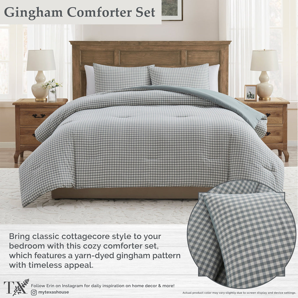 Hypoallergenic Cloud Full/Queen Comforter Set, All-Season, 3-Piece, Green Gingham Plaid - Cloud-Like Soft Lightweight Bed Comforter Detail
