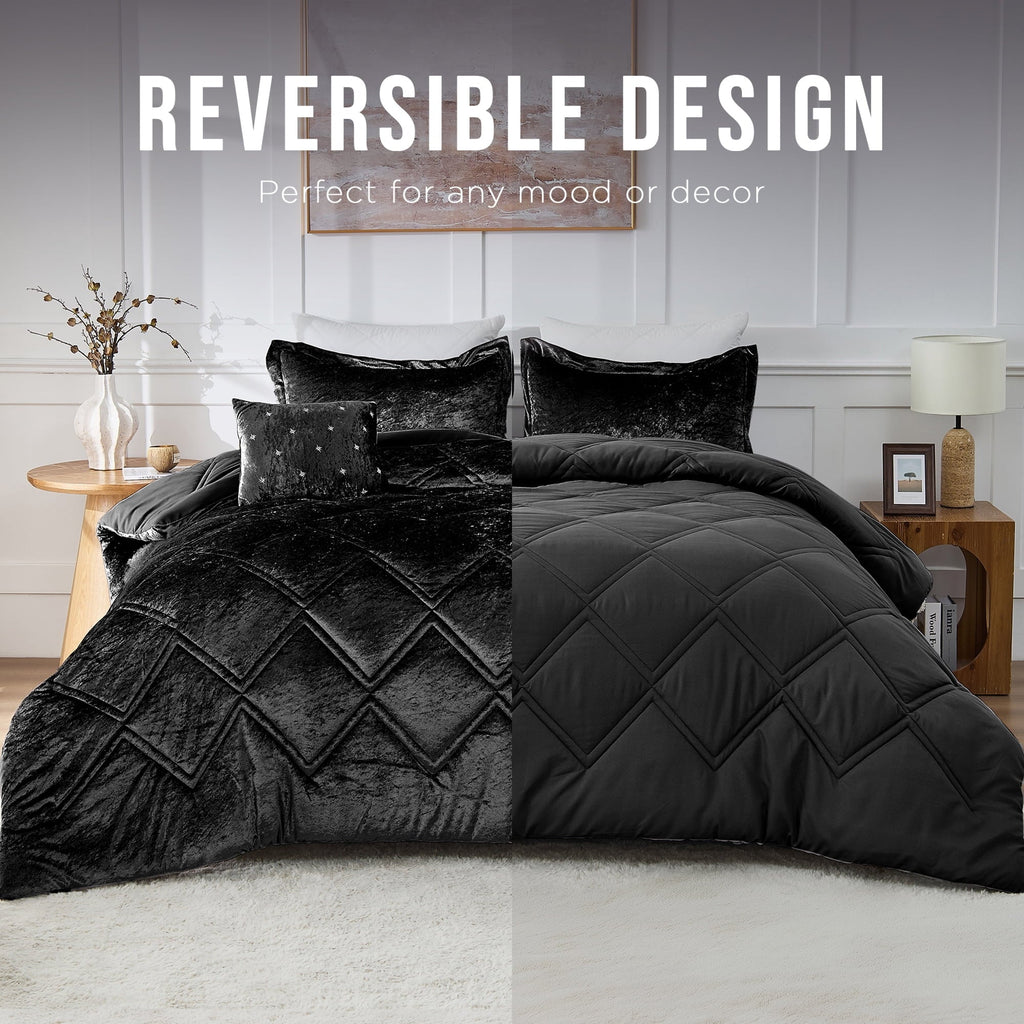 Luxurious Quilted King/Cal King Size Comforter Sets, Velvet Bedding Comforter Set for All Seasons, Black Bedding Set with Decor Pillow - All-Season Down Alternative Comforter Insert - Default Title