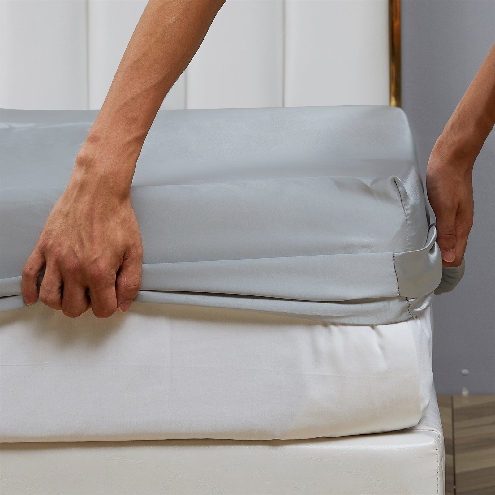 Wrinkle-Resistant Satin Fitted Sheet King Size 14 Inch Deep Pocket Bed Sheet Silk Sheet Ultra Soft Machine Washable, Light Gray - Breathable Egyptian Cotton Flat & Fitted Sheets Detail
