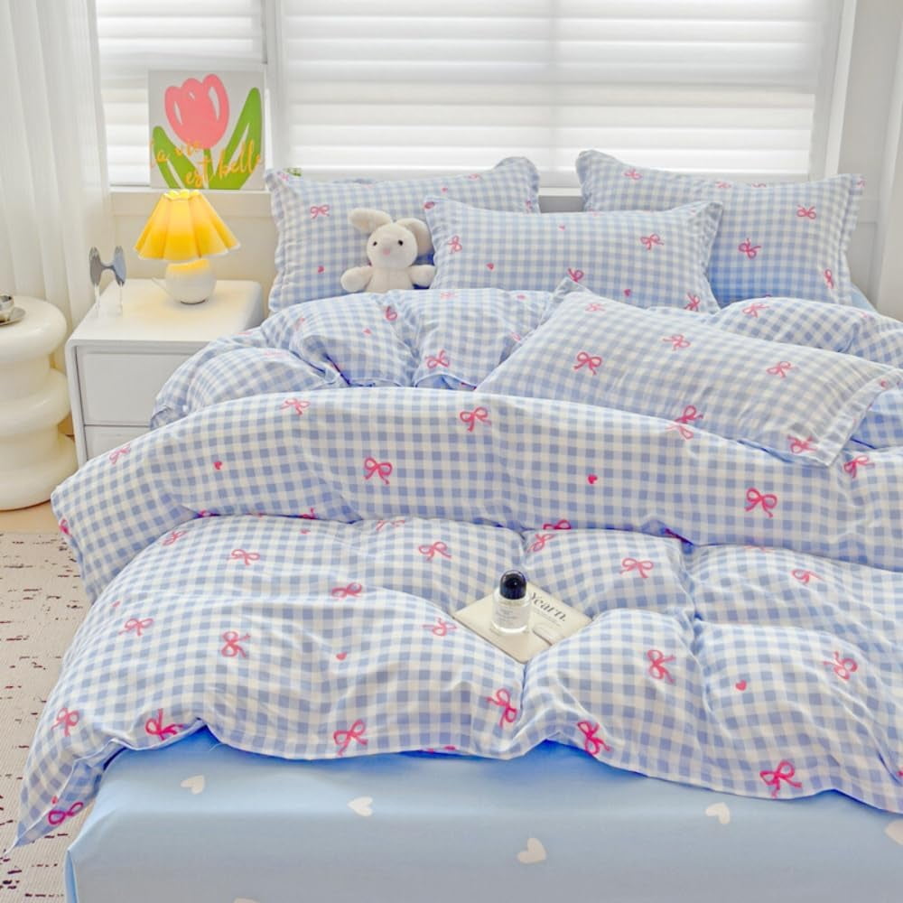 Fluffy Down Alternative 3-Piece Blue Plaid Pink Bows Comforter Full Set , Cute Soft Bedding Set for Kids Adults - Hypoallergenic Ultra-Fluffy Quilt for Winter Detail