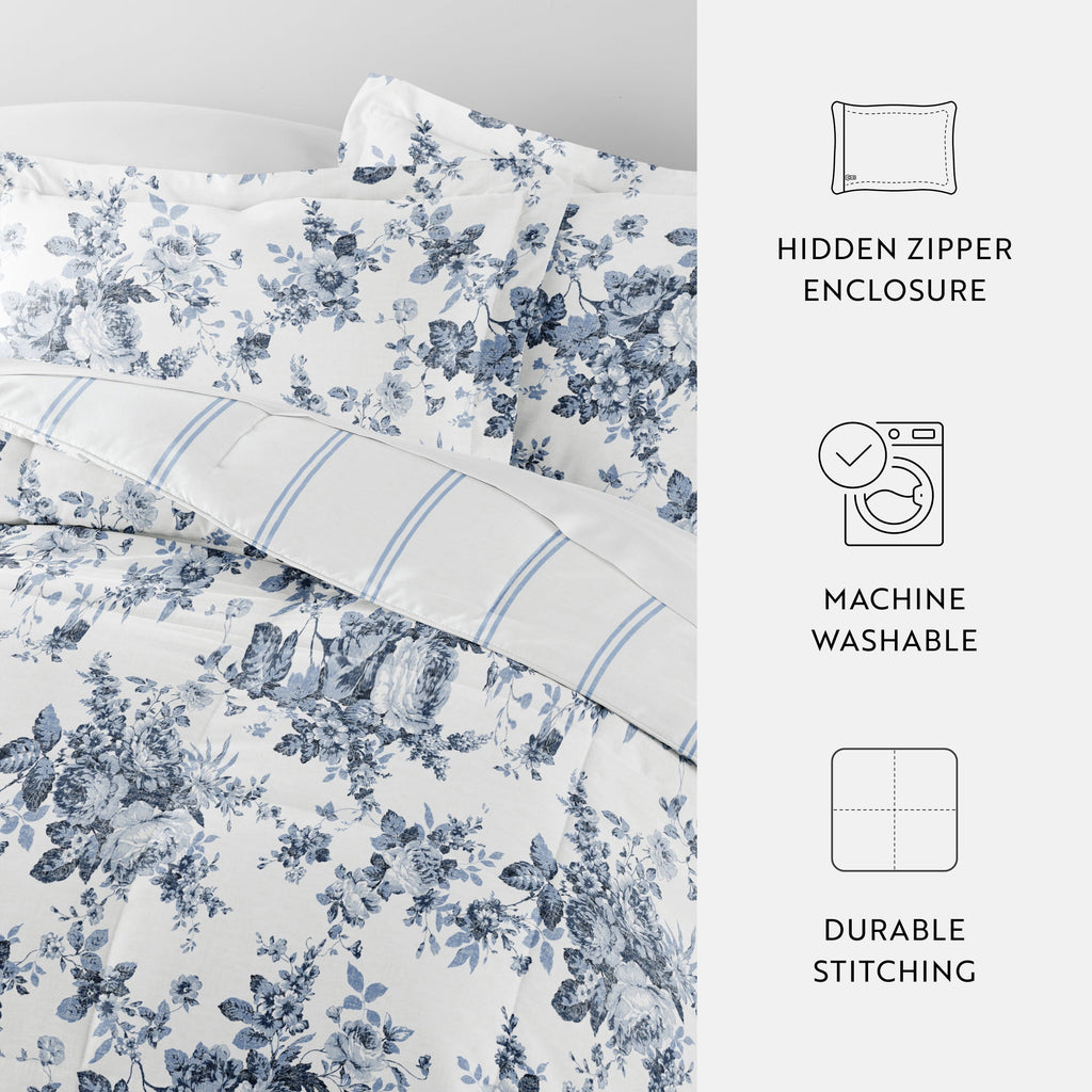 Fluffy Down Alternative Down Alternative Cabbage Rose Stripe Stone Reversible Comforter Set - Cloud-Like Soft Lightweight Bed Comforter Detail