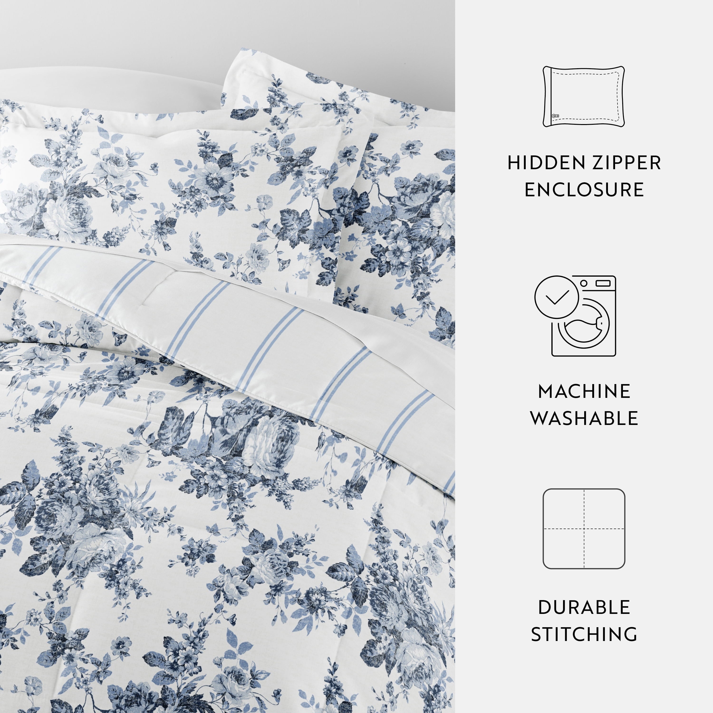 Fluffy Down Alternative Down Alternative Cabbage Rose Stripe Stone Reversible Comforter Set - Cloud-Like Soft Lightweight Bed Comforter Detail