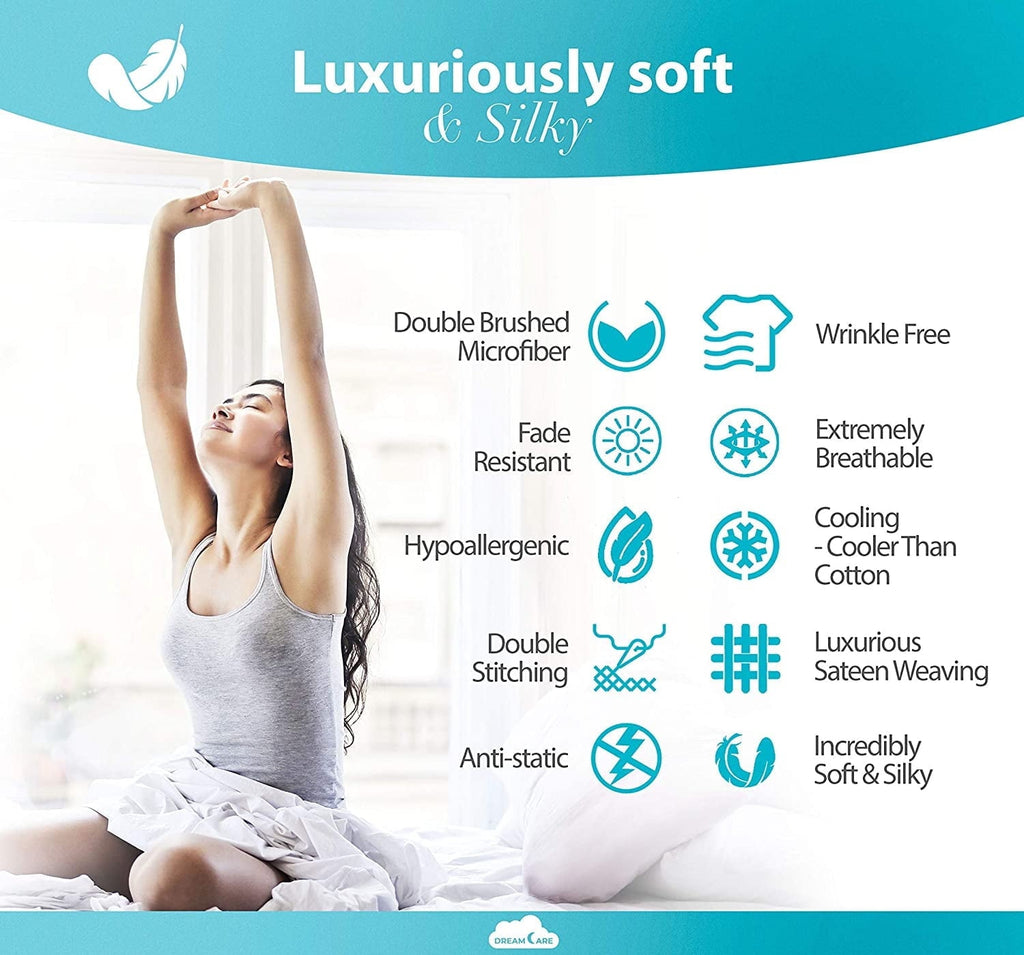 Wrinkle-Resistant Bed Sheets Set - Queen Size Sheet with Side Pocket - 4pcs Set, 15 inches, White - Premium Ultra-Soft Pillowcase Pair for Sleeping Detail