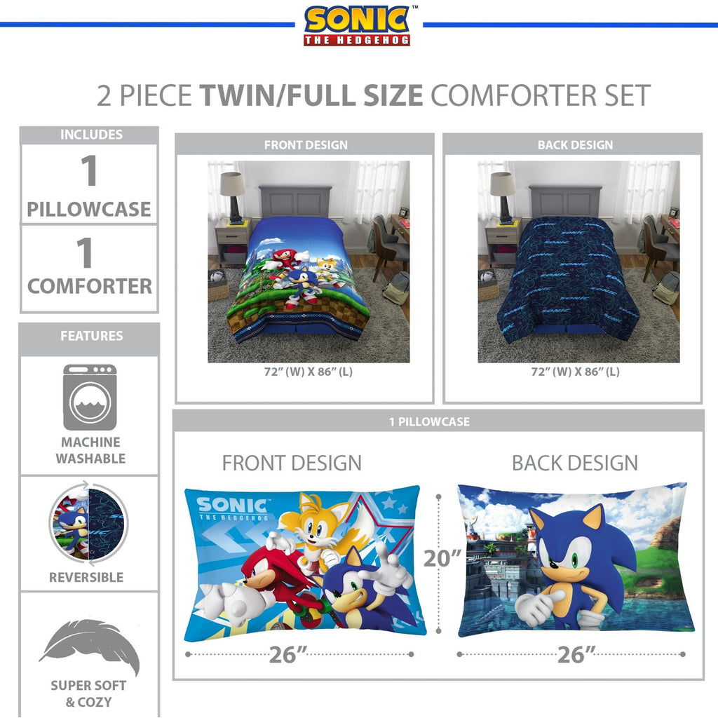 Hypoallergenic Cloud Sonic the Hedgehog Kids 2 Piece Blue Green Reversible Comforter and Pillowcase set, Twin/full - Hypoallergenic Ultra-Fluffy Quilt for Winter Detail