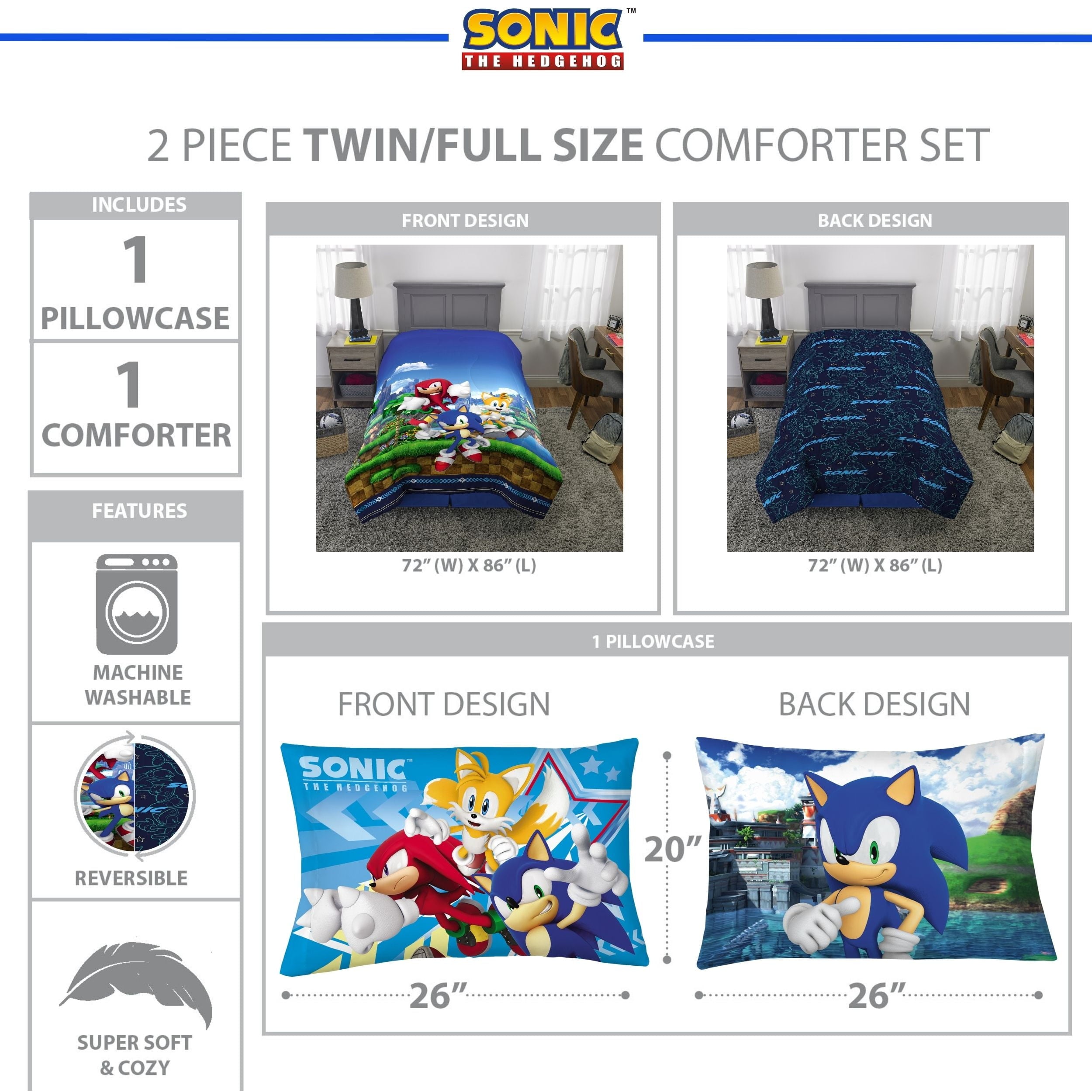Hypoallergenic Cloud Sonic the Hedgehog Kids 2 Piece Blue Green Reversible Comforter and Pillowcase set, Twin/full - Hypoallergenic Ultra-Fluffy Quilt for Winter Detail