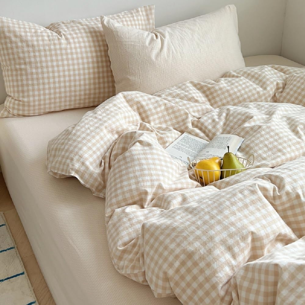 Heavyweight Warmth Soft Beige White Plaid Comforter Twin Sets, 2 Pieces Breathable Plaid Buffalo Checkered Comforter for All Season - All-Season Down Alternative Comforter Insert Detail