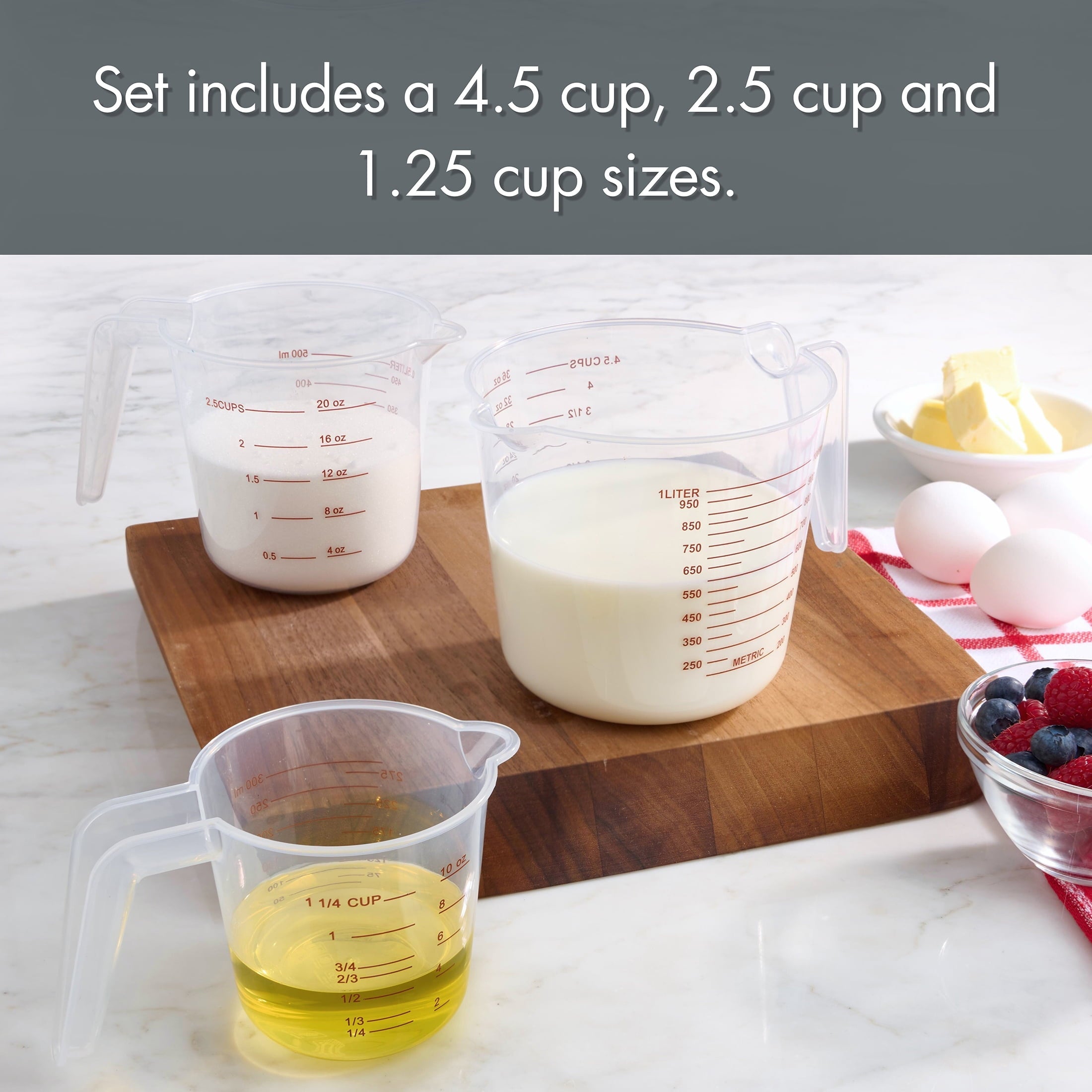 Multi-Functional 3-Piece Tapered Spout Nesting Plastic Measuring Cups Set, Clear - Kitchen Gadget Tool for Quick Food Prep Detail