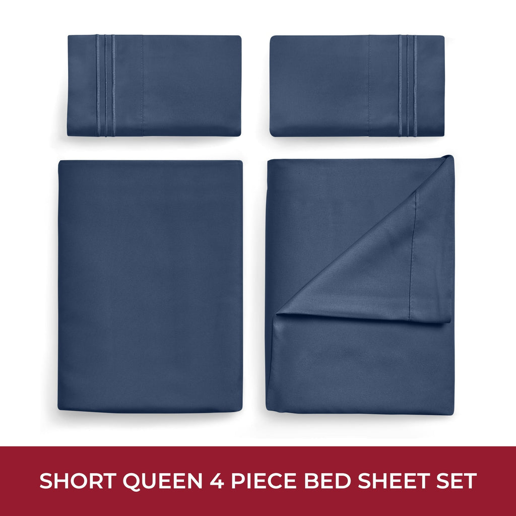Wrinkle-Resistant RV Sheets Queen Size Bed Set, Microfiber RV Bunk Bed Sheets, Short Queen, Navy Blue - Breathable Egyptian Cotton Flat & Fitted Sheets Detail