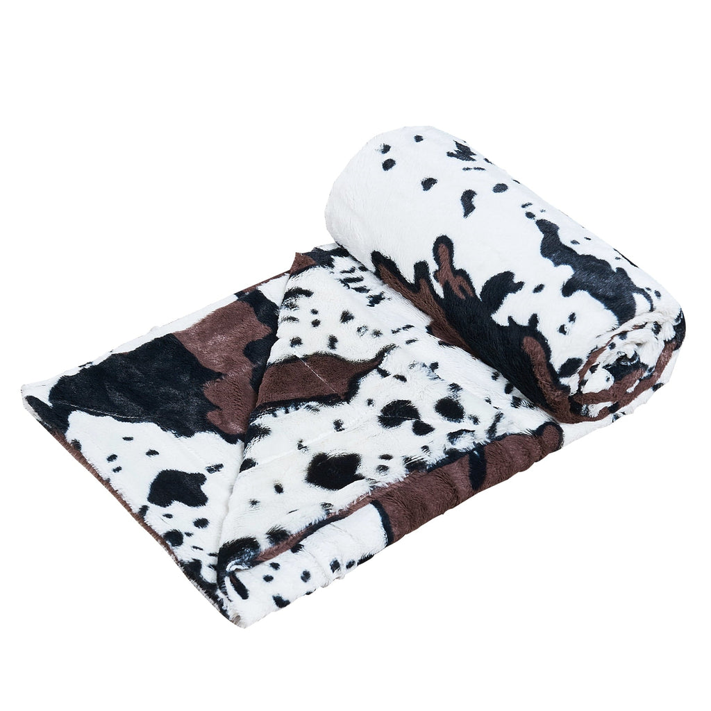 Decorative Knitted Cow Print Double Sided Faux Fur Throw Blanket, Soft Cozy Fuzzy Black and White Throw, 50x60 inches - Luxury Knitted Decorative Throw Blanket with Fringes Detail