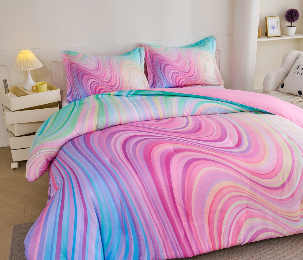 All-Season 3-Piece Abstract Tie Dye Comforter Set, Blue Pink Purple, Kids Bedding Set for Girls Full/Queen Size - Cloud-Like Soft Lightweight Bed Comforter Detail
