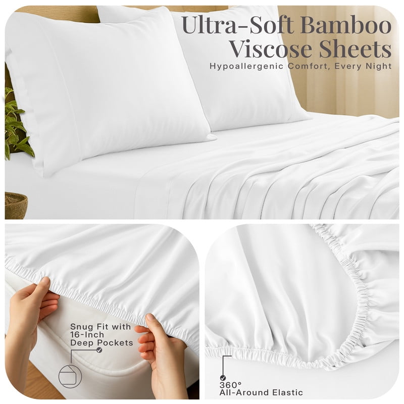 Cooling Sateen Lux Decor 100% Organic Viscose - 4 Piece Ultra-Soft Luxury Cooling Bed Sheets, 16" Deep Pocket, Breathable & Hypoalle... - Premium Ultra-Soft Pillowcase Pair for Sleeping Detail