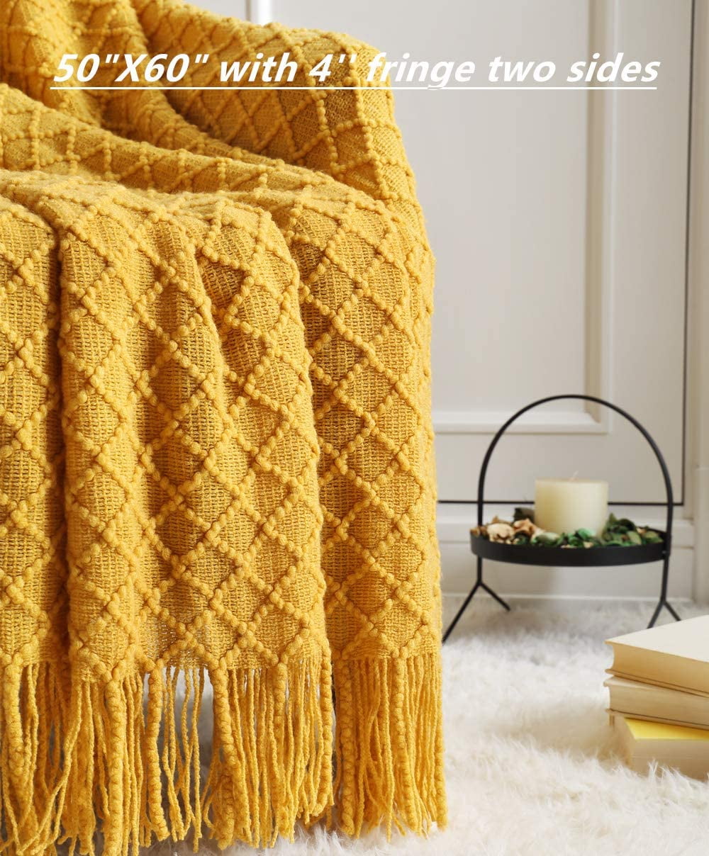 Decorative Knitted Decorative Soft Spring Summer Fall Throw Blanket ,for Couch Sofa Chair Bed,50''X60'',Mustard Yellow - Super Soft Reversible Sherpa Flannel Blanket Detail