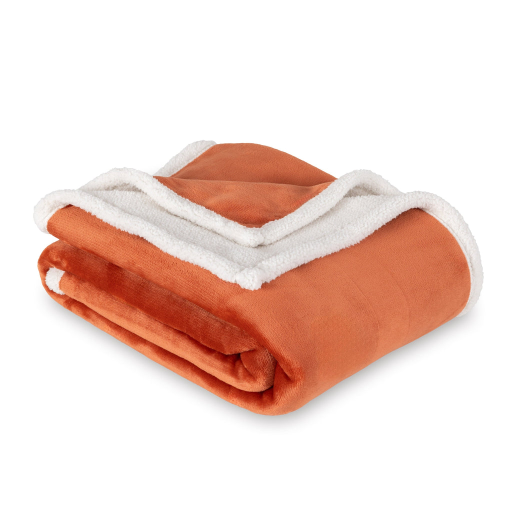 Decorative Knitted Reversible Printed Velvet Plush and Hampshire Faux Shearling Soft Throw Blanket, Standard Size, Auburn Sun - Luxury Knitted Decorative Throw Blanket with Fringes Detail