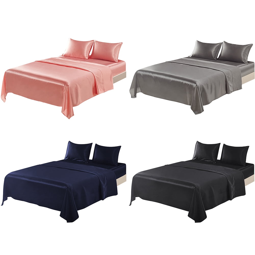 Wrinkle-Resistant Twin Silk Gray Bed Sheet Set Deep Pocket Bed Flat Fitted Sheet, 3-Pieces - Breathable Egyptian Cotton Flat & Fitted Sheets Detail