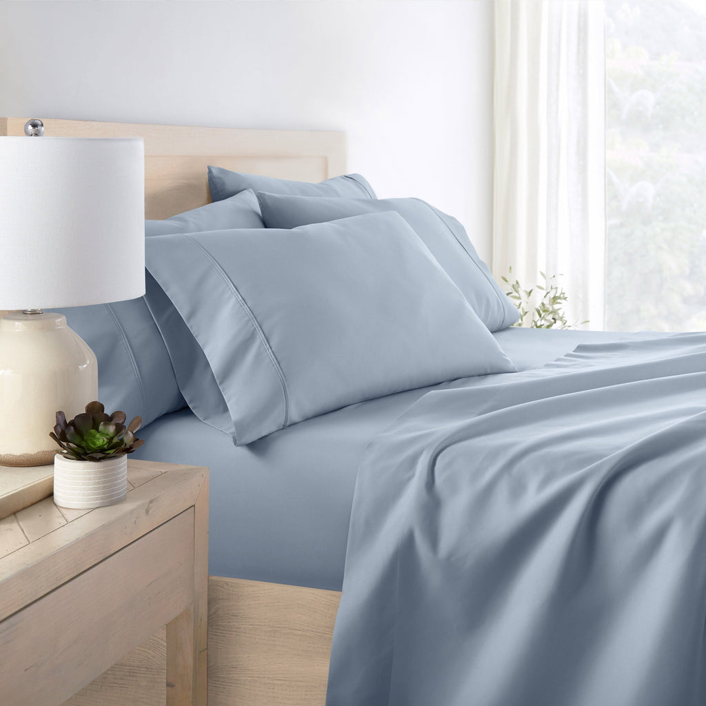 Cooling Sateen Queen, Light Blue Solid Microfiber 6 Piece Bed Sheet Set - Cooling Hotel Quality Bedding Sheets and Pillowcases Detail