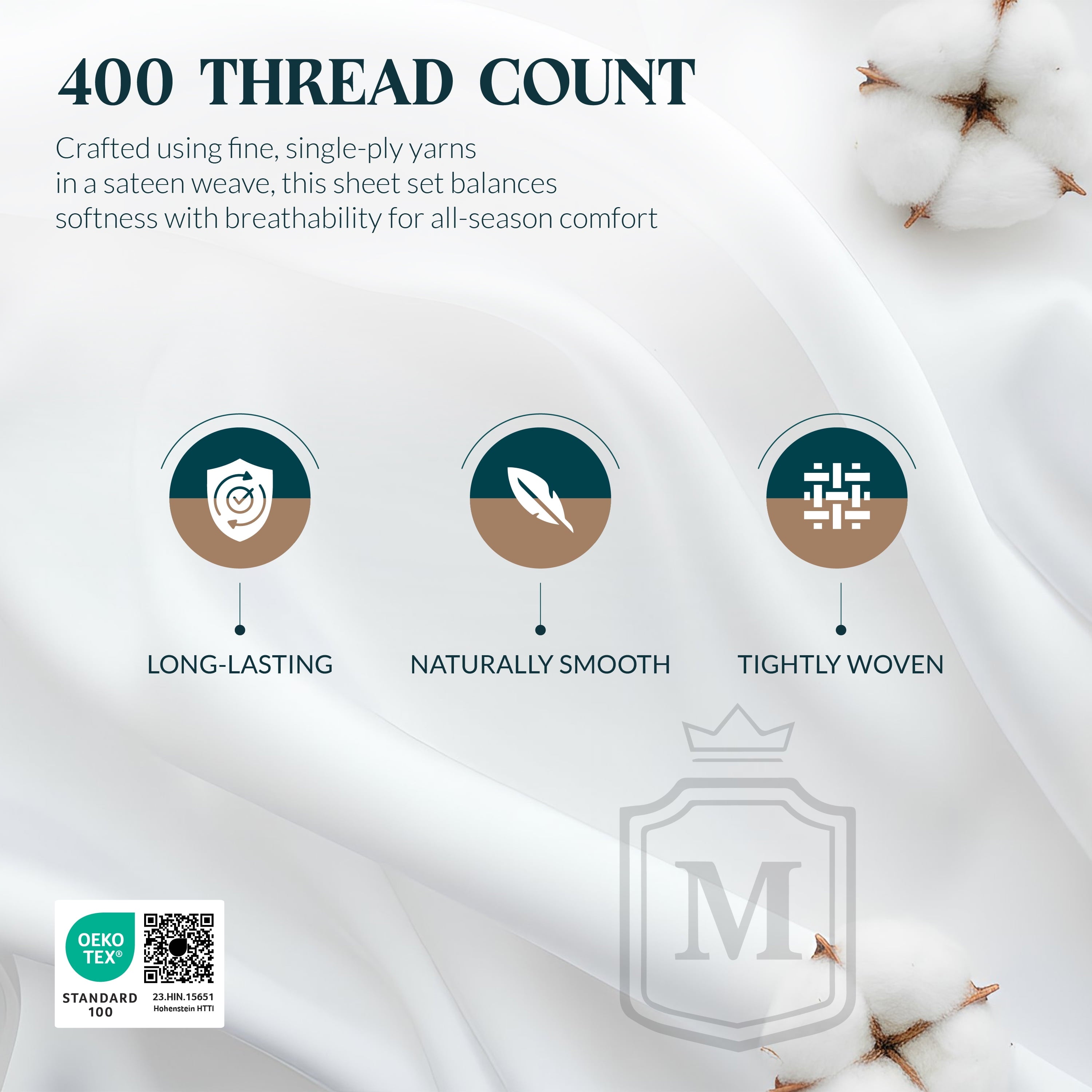 Ultra-Soft 100% Cotton Sheets For Queen Size Bed - Luxury 400 Thread Count Queen Sheet Set, 4 Piece Sateen Weave Queen White Cot... - Breathable Egyptian Cotton Flat & Fitted Sheets Detail