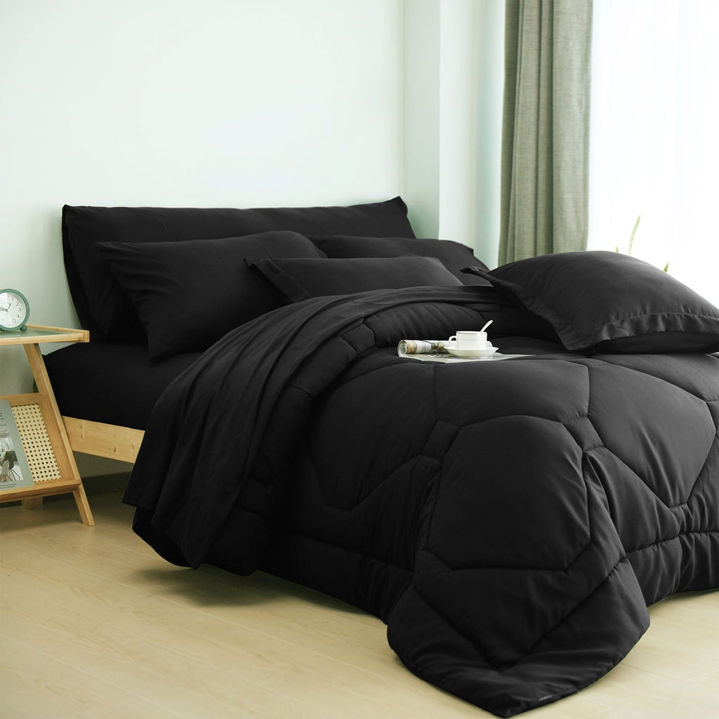 All-Season 8 PCS Modern Comforter Set with Sheets All Season Bed in a Bag, Black, Queen Size - Cloud-Like Soft Lightweight Bed Comforter Detail