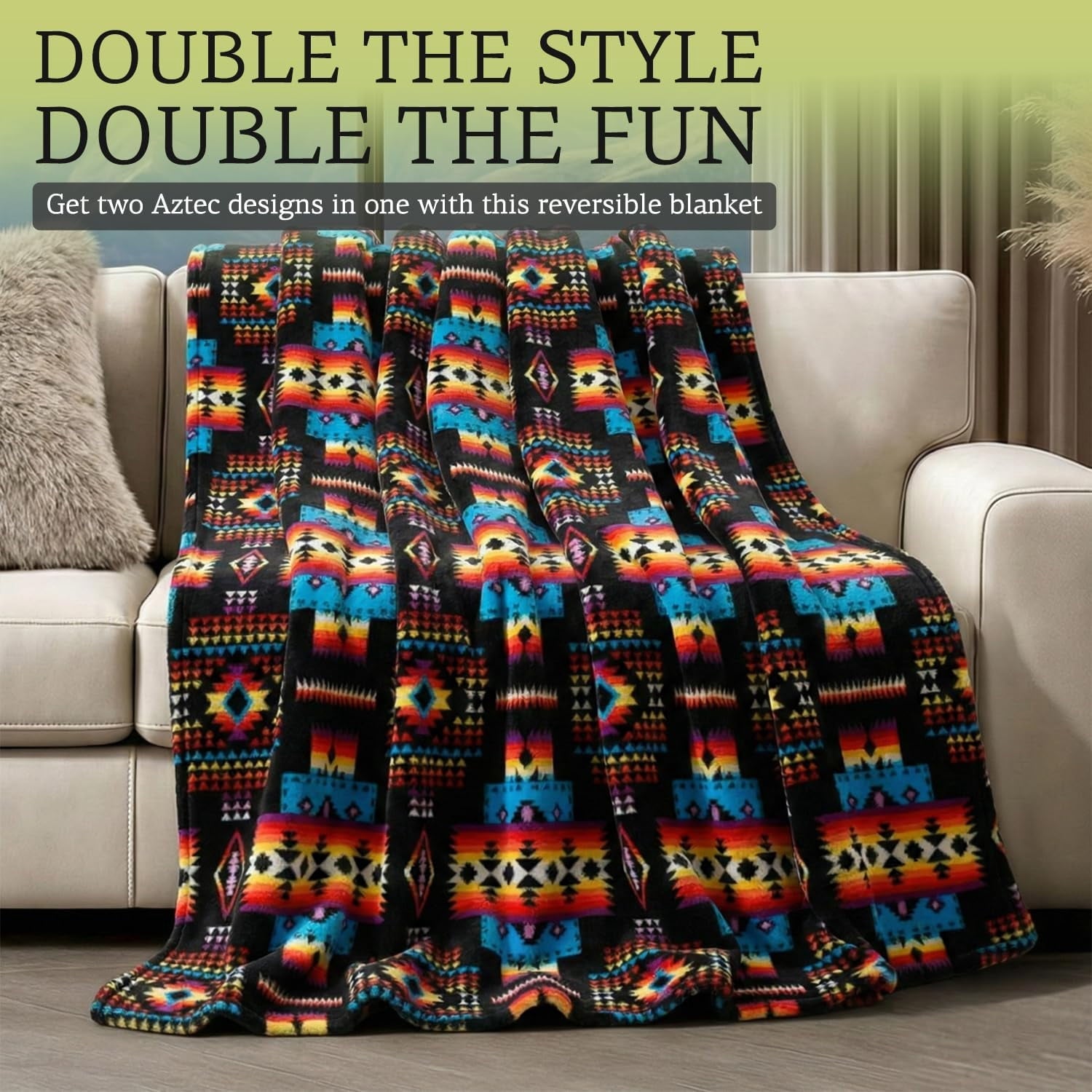 Super Soft Flannel Sacred Thread Fleece Blanket South Western, Reversible Mexican, Vibrant Aztec Blankets and Throws for Aztec Decor for... - Super Soft Reversible Sherpa Flannel Blanket Detail